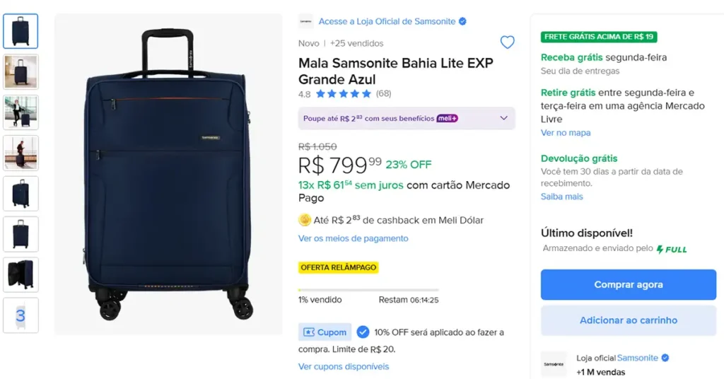 Mala Samsonite Bahia Lite EXP Grande Azul
