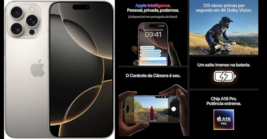 iPhone 16 Pro Max -  iPhone 16 Pro Max em titânio natural, com tela OLED de 6,9 polegadas e câmera tripla de 48 MP, em fundo claro.