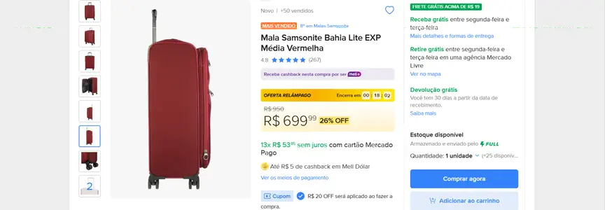 Mala Samsonite Bahia Lite EXP Média Vermelha